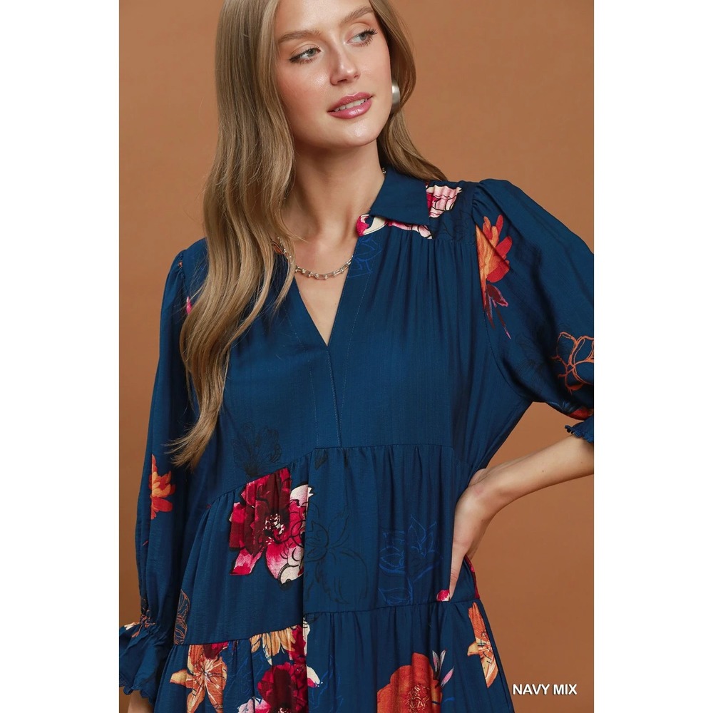 Umgee Floral Print Tiered Midi Dress with Puff Sleeves - Navy - Small - Picture 6 of 6